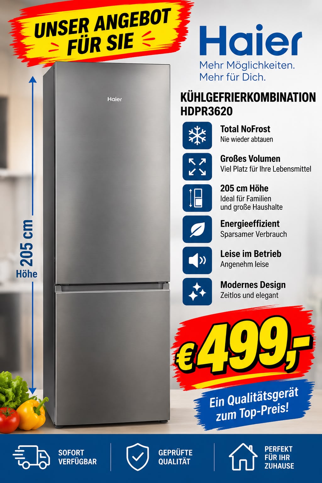 Haier-Kuehl-Gefrierkombination-HDPR3620-205cm-499EUR
