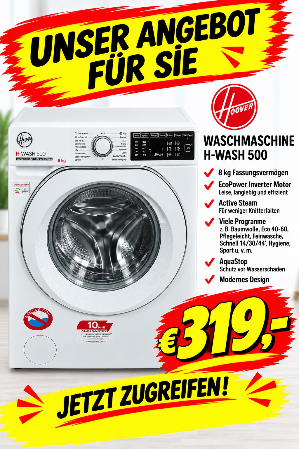Hoover-H-WASH-500-Waschmaschine-8kg-319EUR